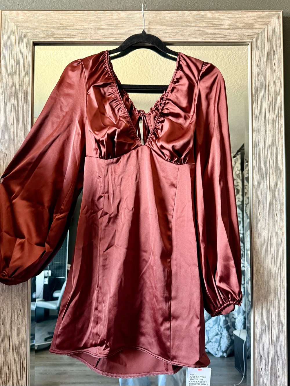 ASOS Chocolate Brown Satin Mini Babydoll Dress Cutout Back Elegant Long Sleeve